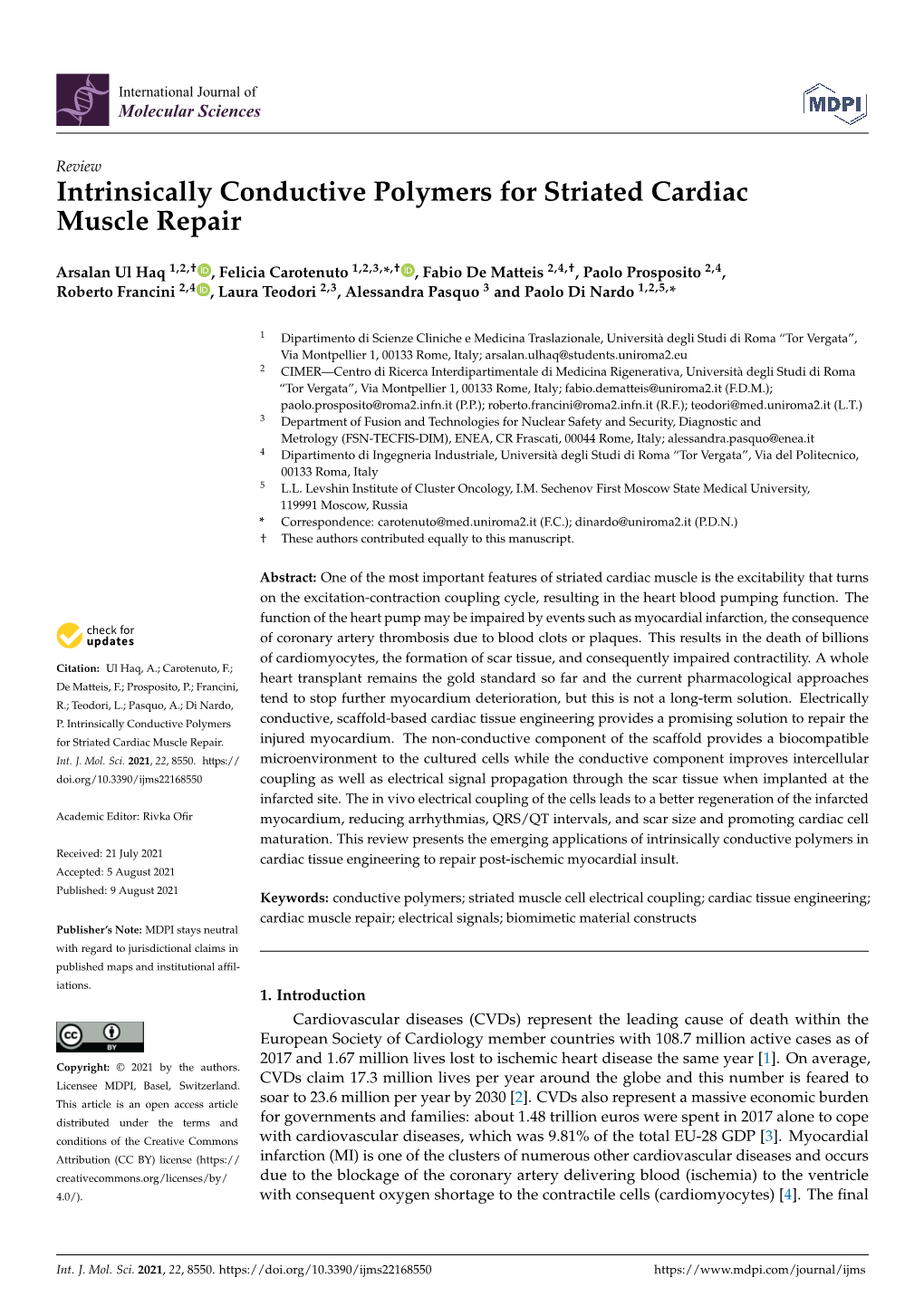 Intrinsically Conductive Polymers for Striated Cardiac Muscle Repair