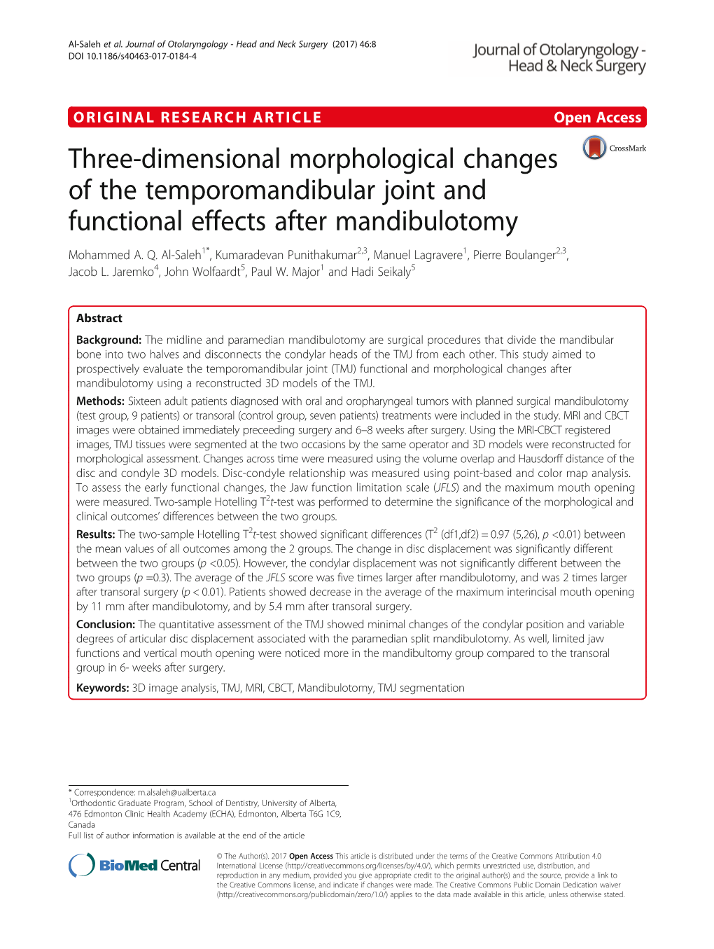 Three-Dimensional Morphological Changes of the Temporomandibular Joint and Functional Effects After Mandibulotomy Mohammed A