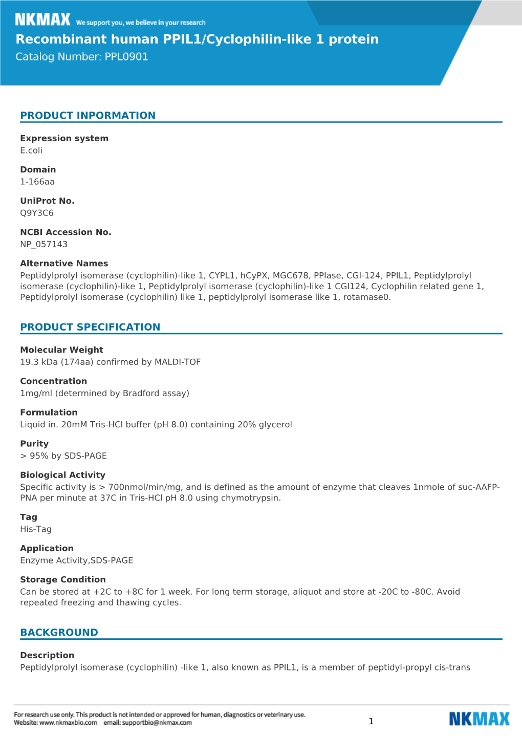 Recombinant Human PPIL1/Cyclophilin-Like 1 Protein Catalog Number: PPL0901