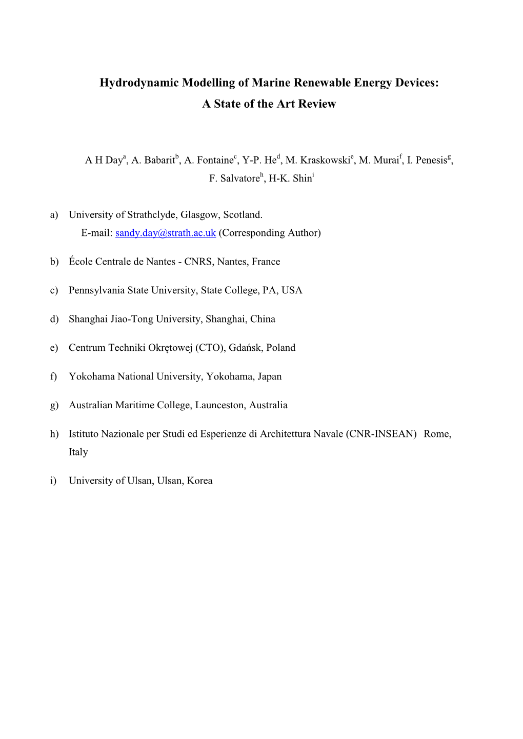 Hydrodynamic Modelling of Marine Renewable Energy Devices: a State of the Art Review