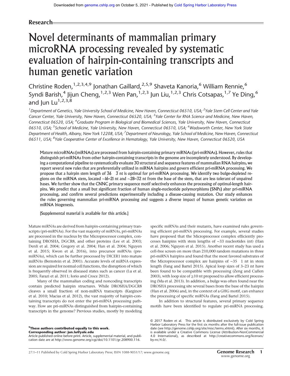 Novel Determinants of Mammalian Primary Microrna Processing Revealed by Systematic Evaluation of Hairpin-Containing Transcripts and Human Genetic Variation