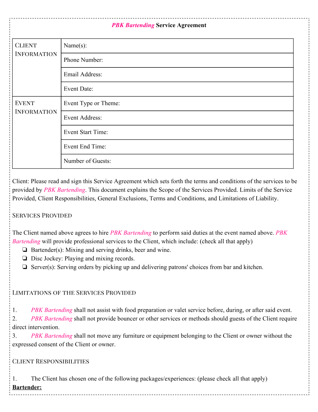 PBK Bartending​ Service Agreement Client Information Name(S)