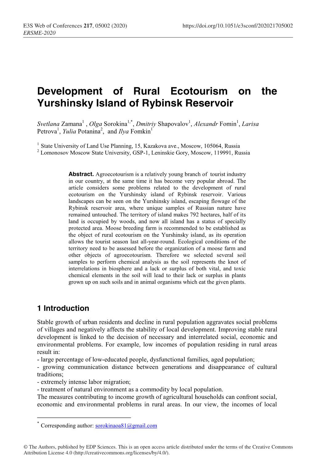 Development of Rural Ecotourism on the Yurshinsky Island of Rybinsk Reservoir