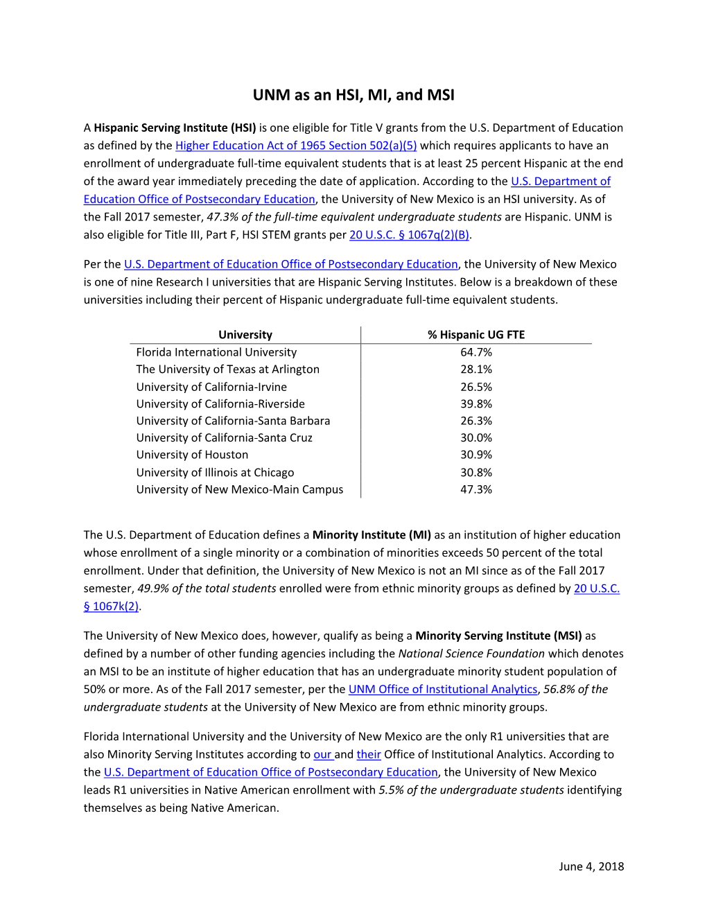 UNM As an HSI, MI, and MSI