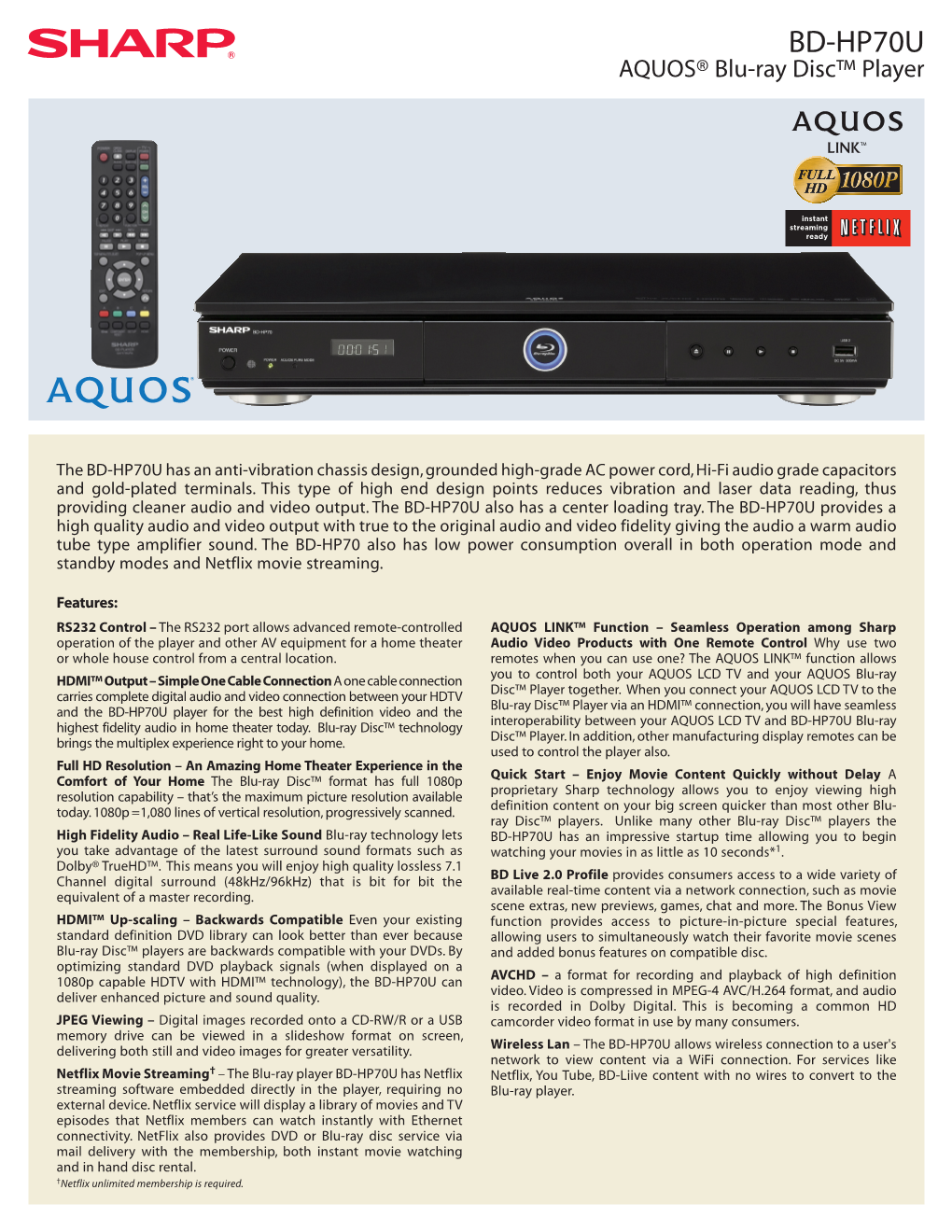 BD-HP70U AQUOS® Blu-Ray Disc™ Player