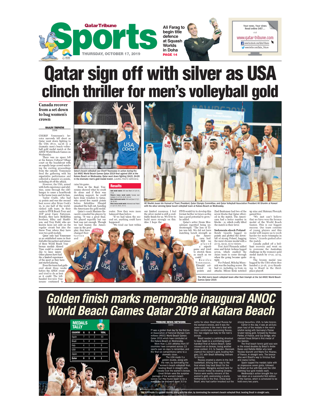 Qatar Sign Off with Silver As USA Clinch Thriller for Men’S Volleyball Gold Canada Recover from a Set Down to Bag Women’S Crown