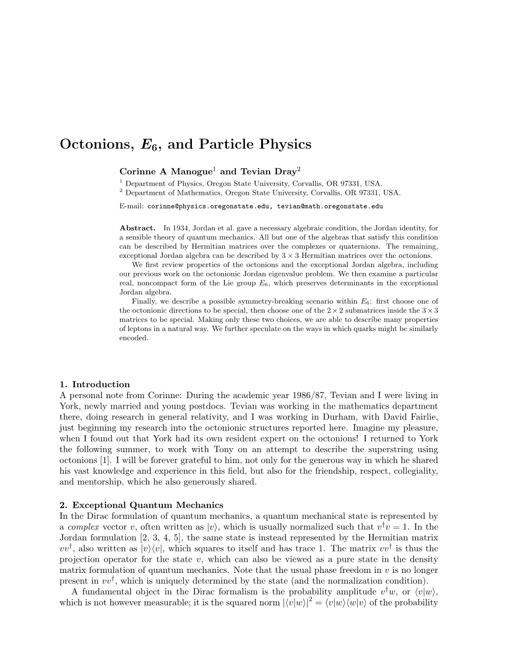 Octonions, E6, and Particle Physics