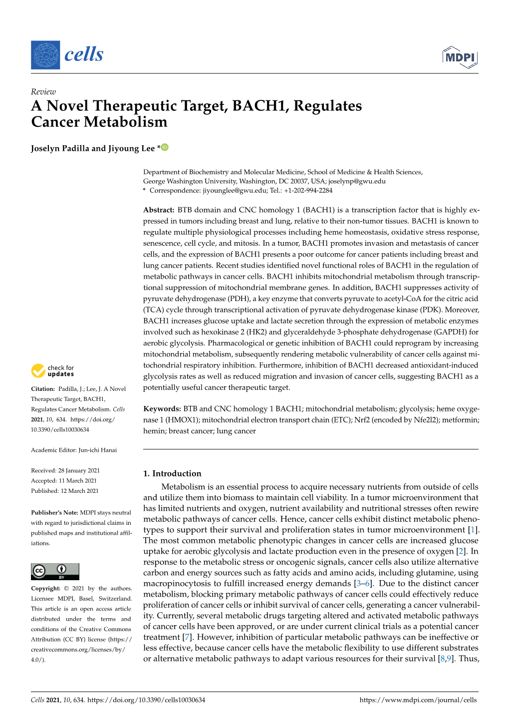 A Novel Therapeutic Target, BACH1, Regulates Cancer Metabolism