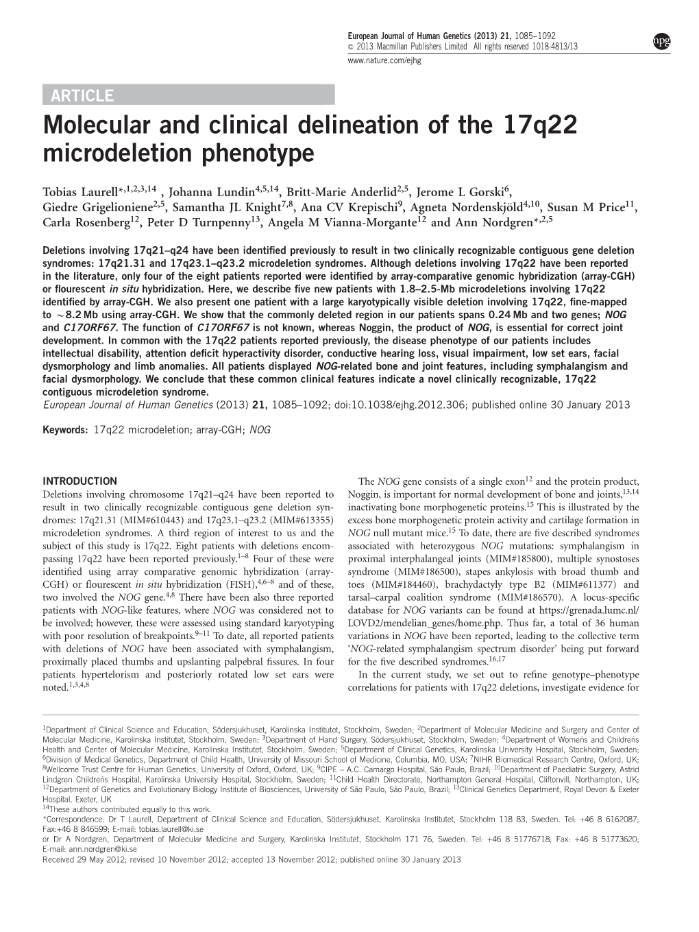 Molecular and Clinical Delineation of the 17Q22 Microdeletion Phenotype