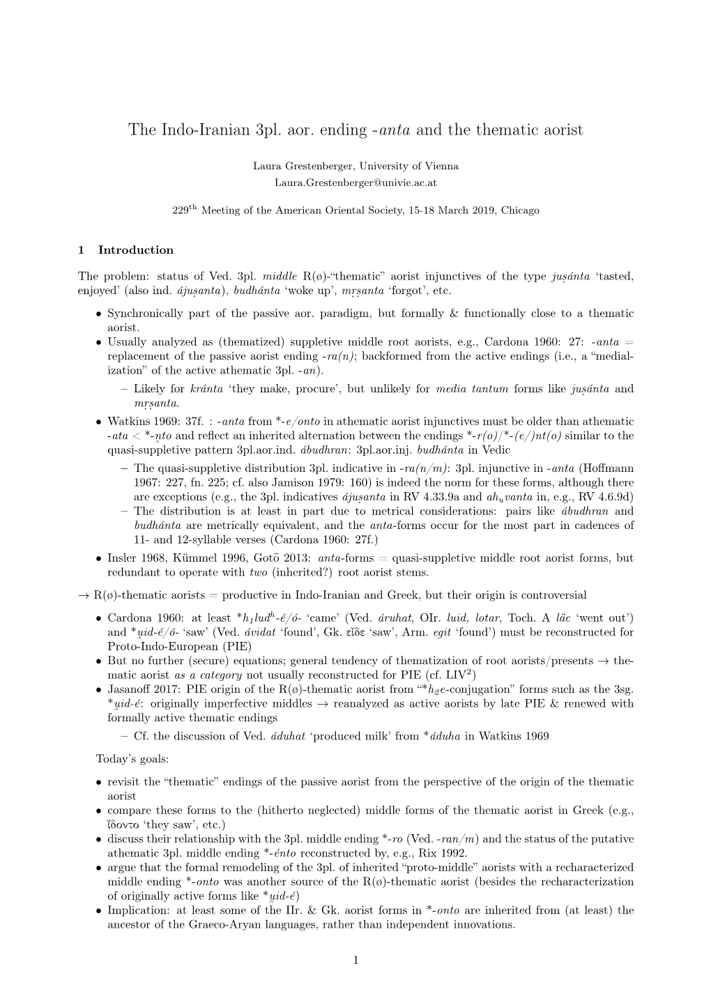 The Indo-Iranian 3Pl. Aor. Ending -Anta and the Thematic Aorist