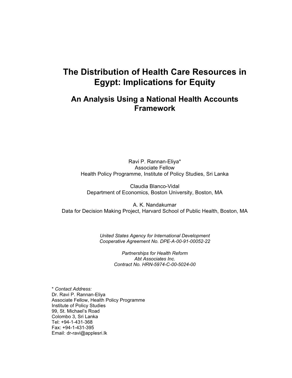 The Distribution of Health Care Resources in Egypt: Implications for Equity