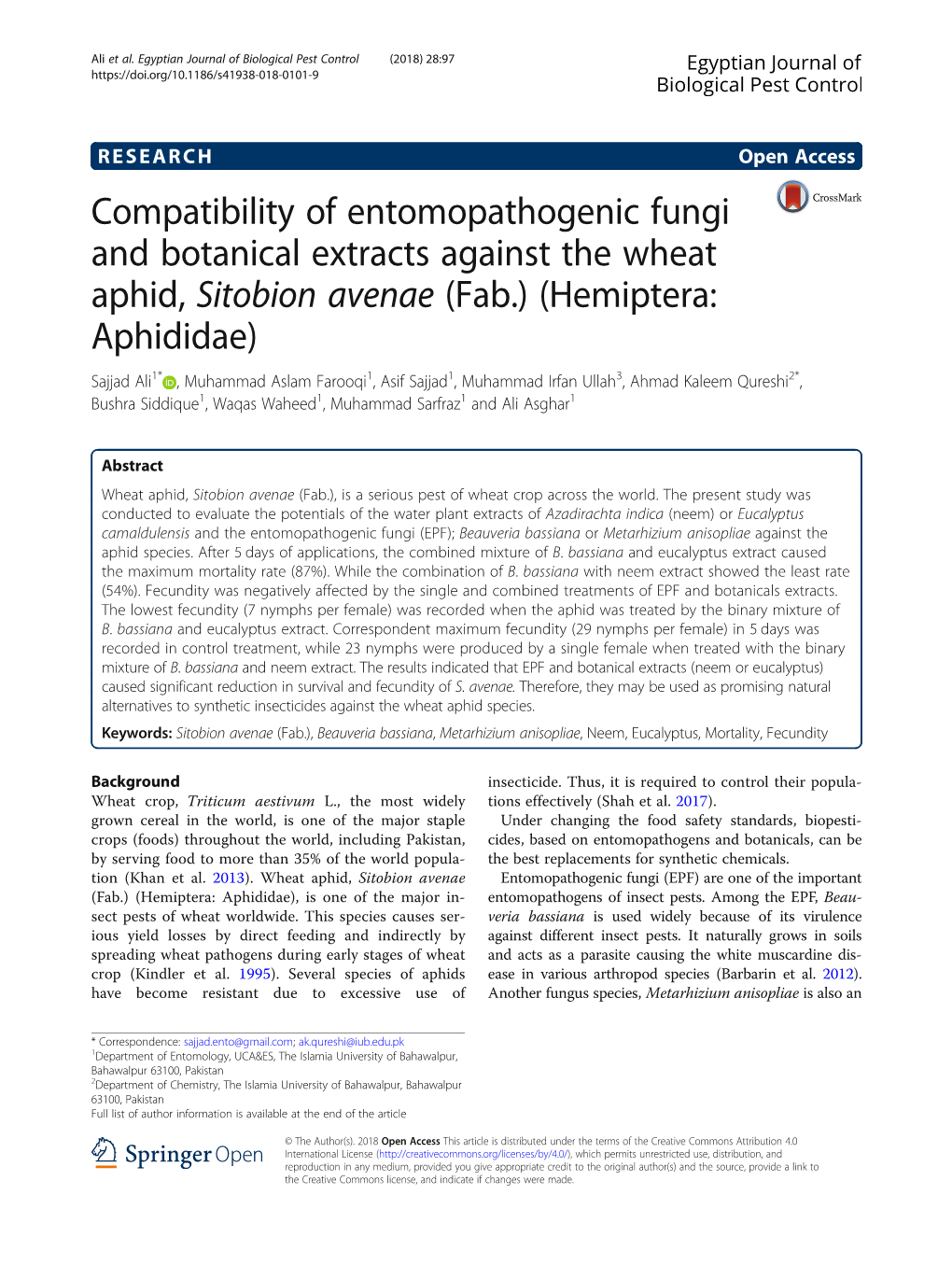 Compatibility of Entomopathogenic Fungi and Botanical Extracts Against the Wheat Aphid, Sitobion Avenae (Fab.) (Hemiptera: Aphid