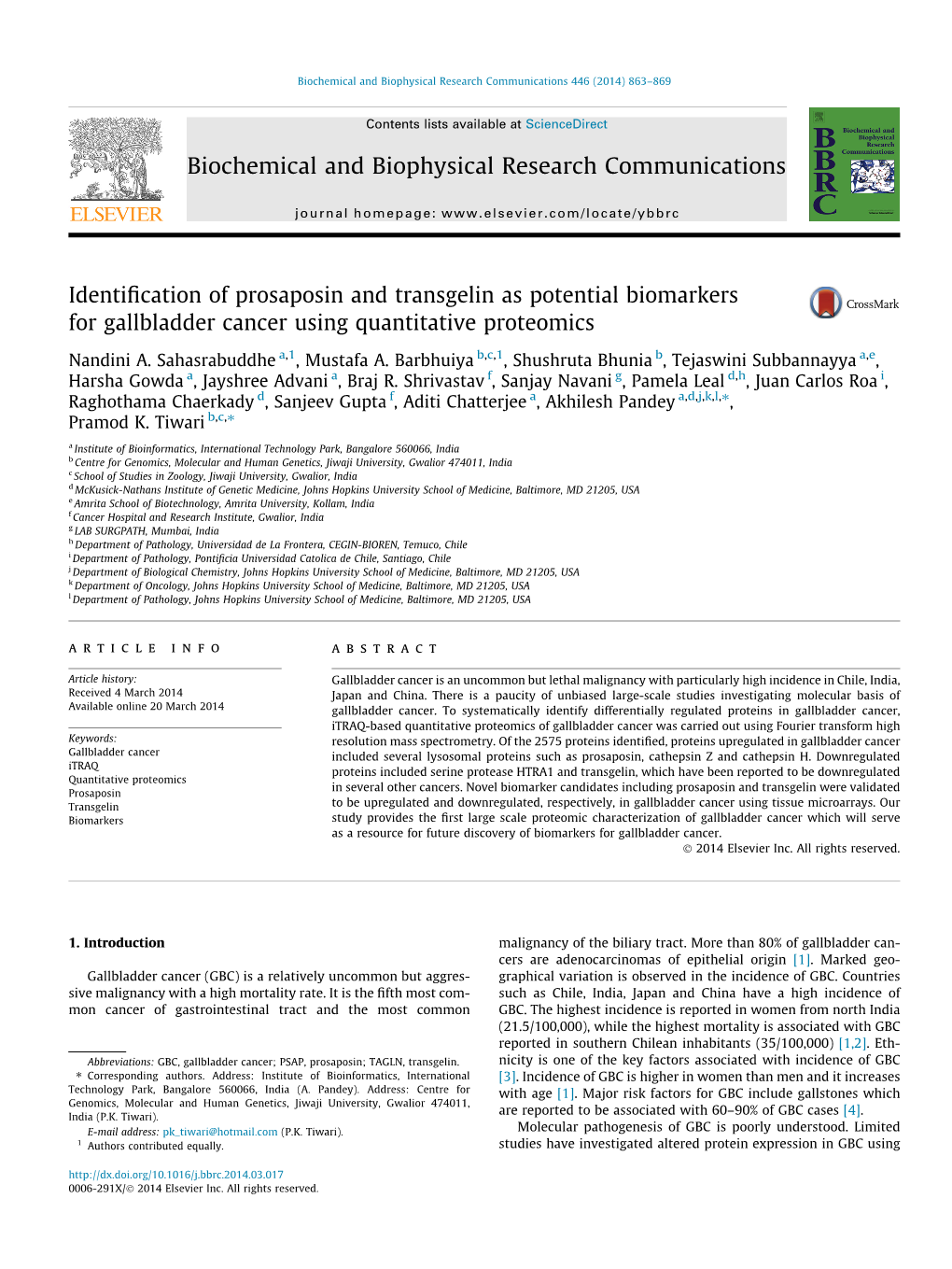 Identification of Prosaposin and Transgelin As Potential Biomarkers for Gallbladder Cancer Using Quantitative Proteomics