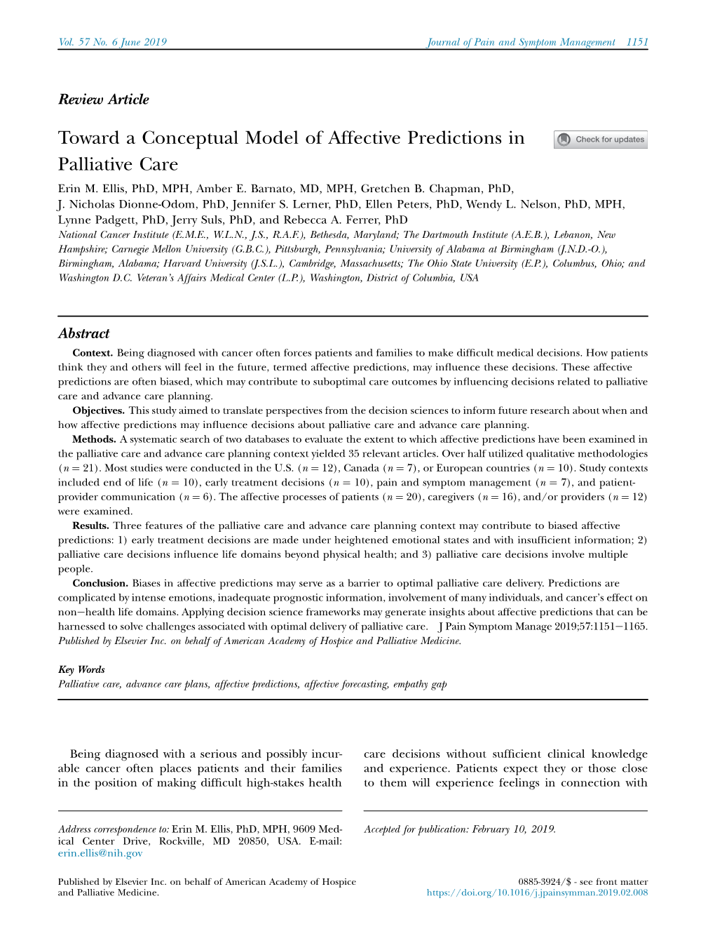 Toward a Conceptual Model of Affective Predictions in Palliative Care Erin M