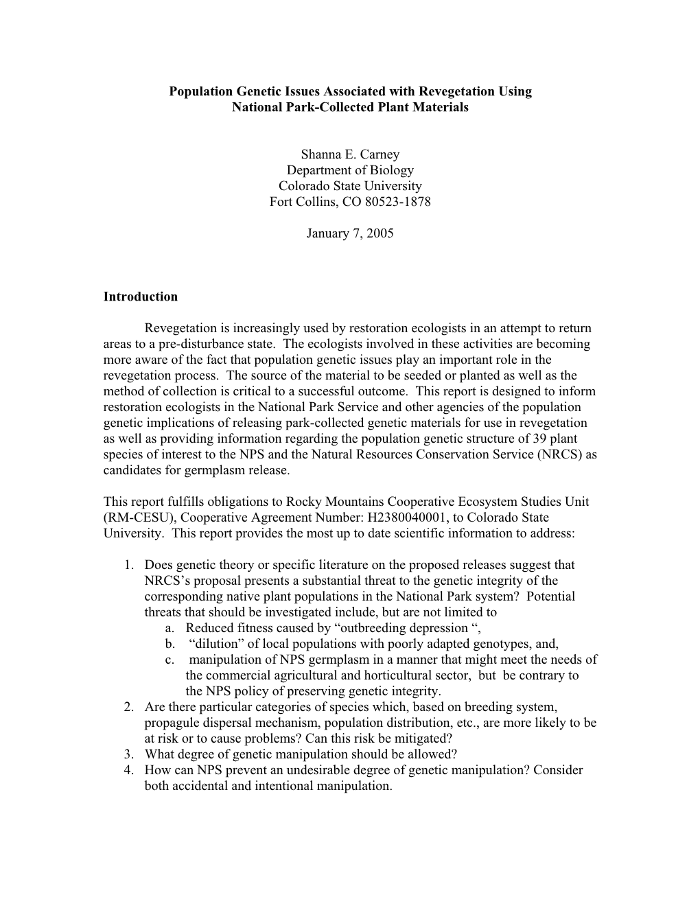 Population Genetic Issues Associated with Revegetation Using National Park-Collected Plant Materials