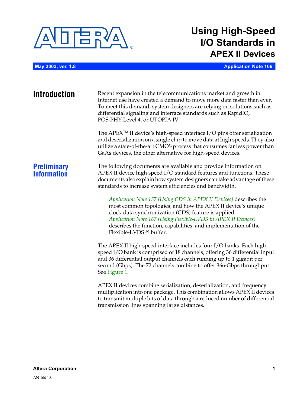 AN 166: Using High-Speed I/O Standards in APEX II Devices Preliminary Information