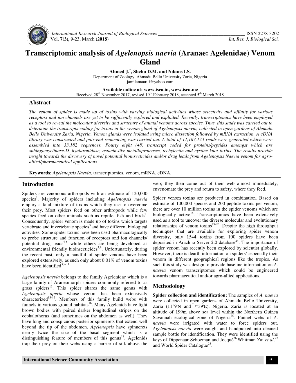 Transcriptomic Analysis of C Analysis of Agelenopsis Naevia (Aranae