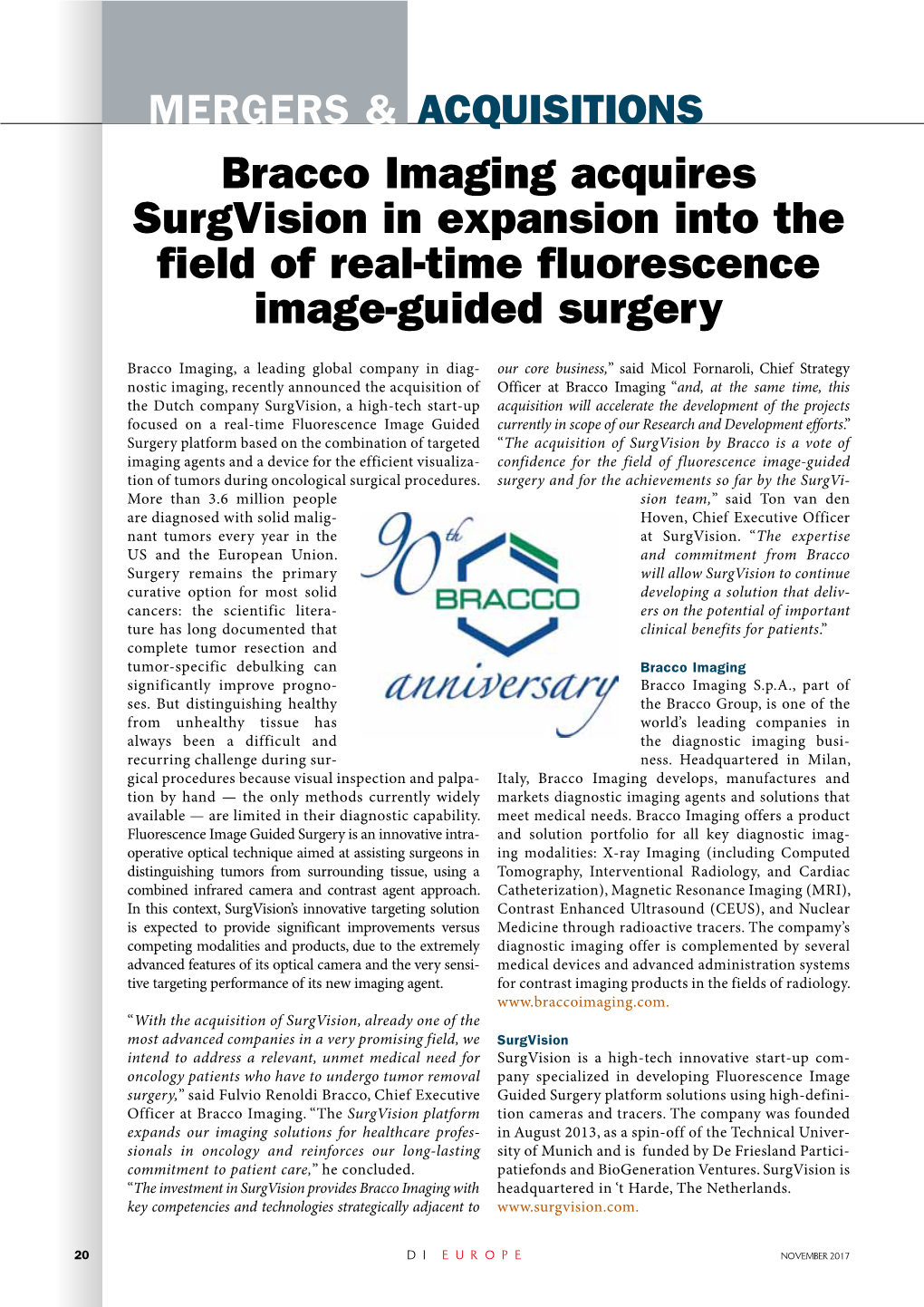 Bracco Imaging Acquires Surgvision in Expansion Into the Field of Real-Time Fluorescence Image-Guided Surgery