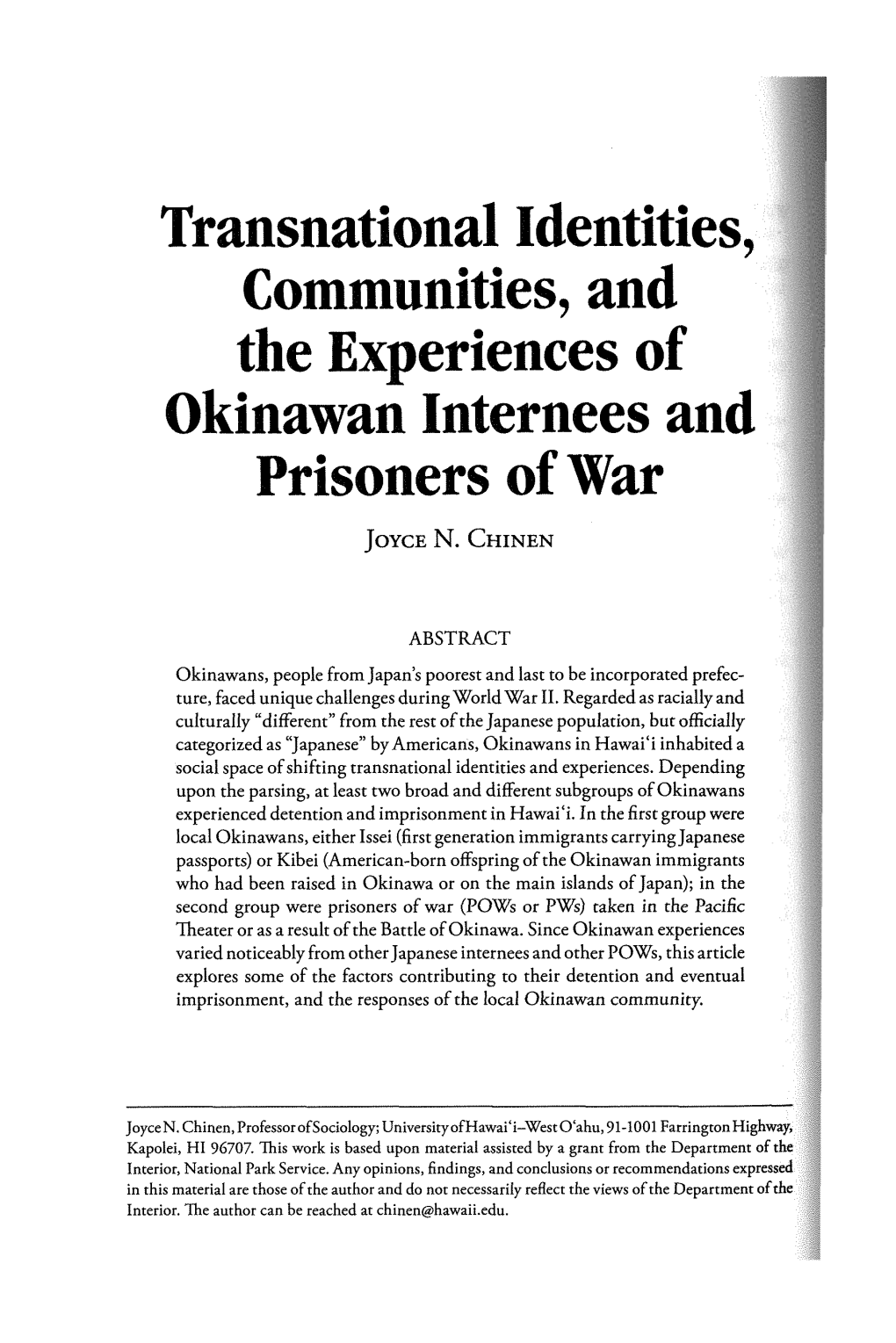 Transnational Identities, Communities, and the Experiences of Okinawan Internees and Prisoners of War