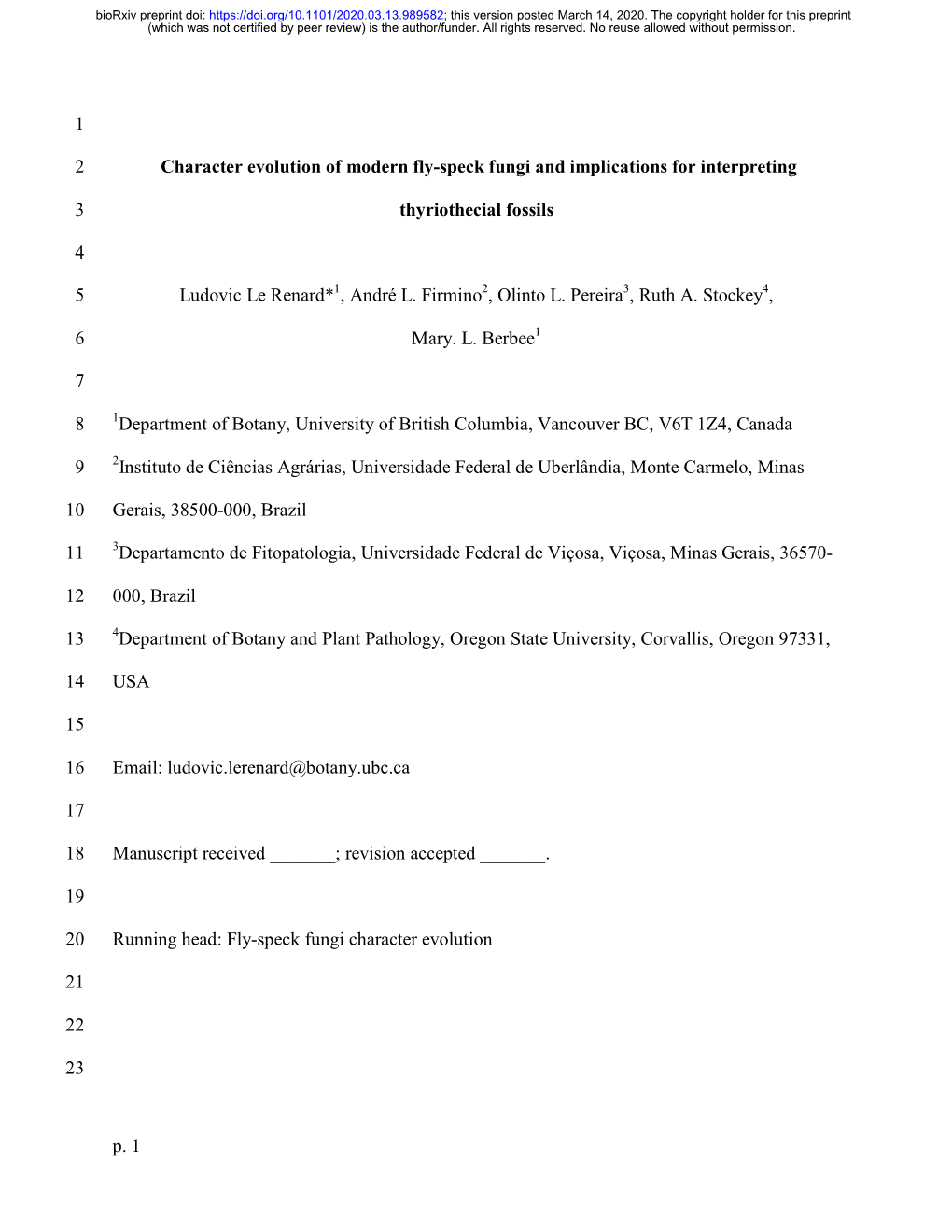 P. 1 1 Character Evolution of Modern Fly-Speck Fungi and Implications For