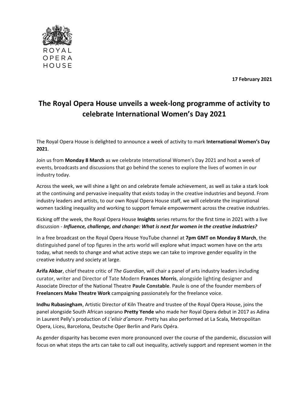 The Royal Opera House Unveils a Week-Long Programme of Activity to Celebrate International Women's Day 2021