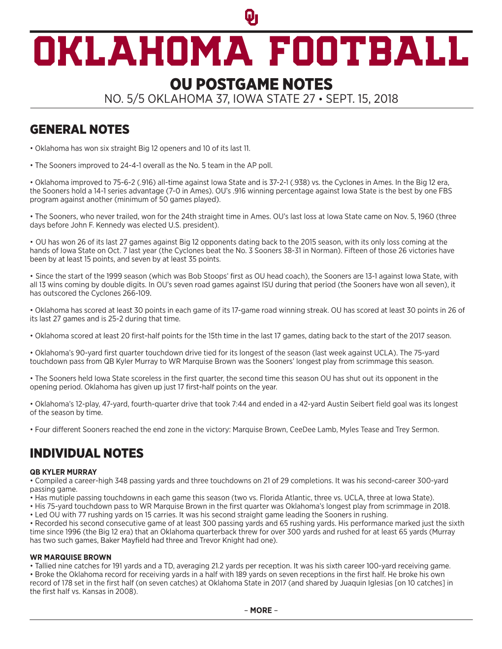 Oklahoma Football Ou Postgame Notes No