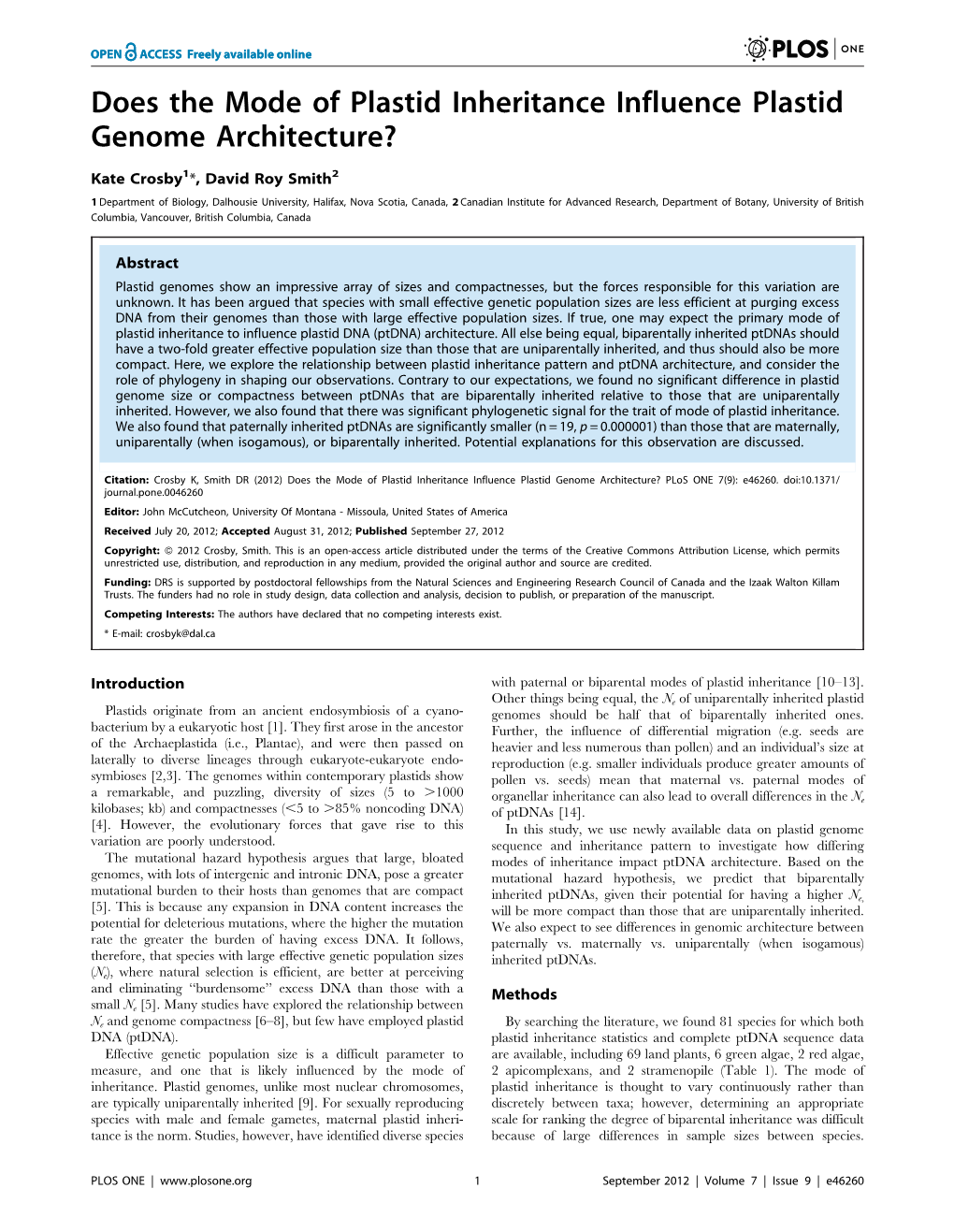 Does the Mode of Plastid Inheritance Influence Plastid Genome Architecture?