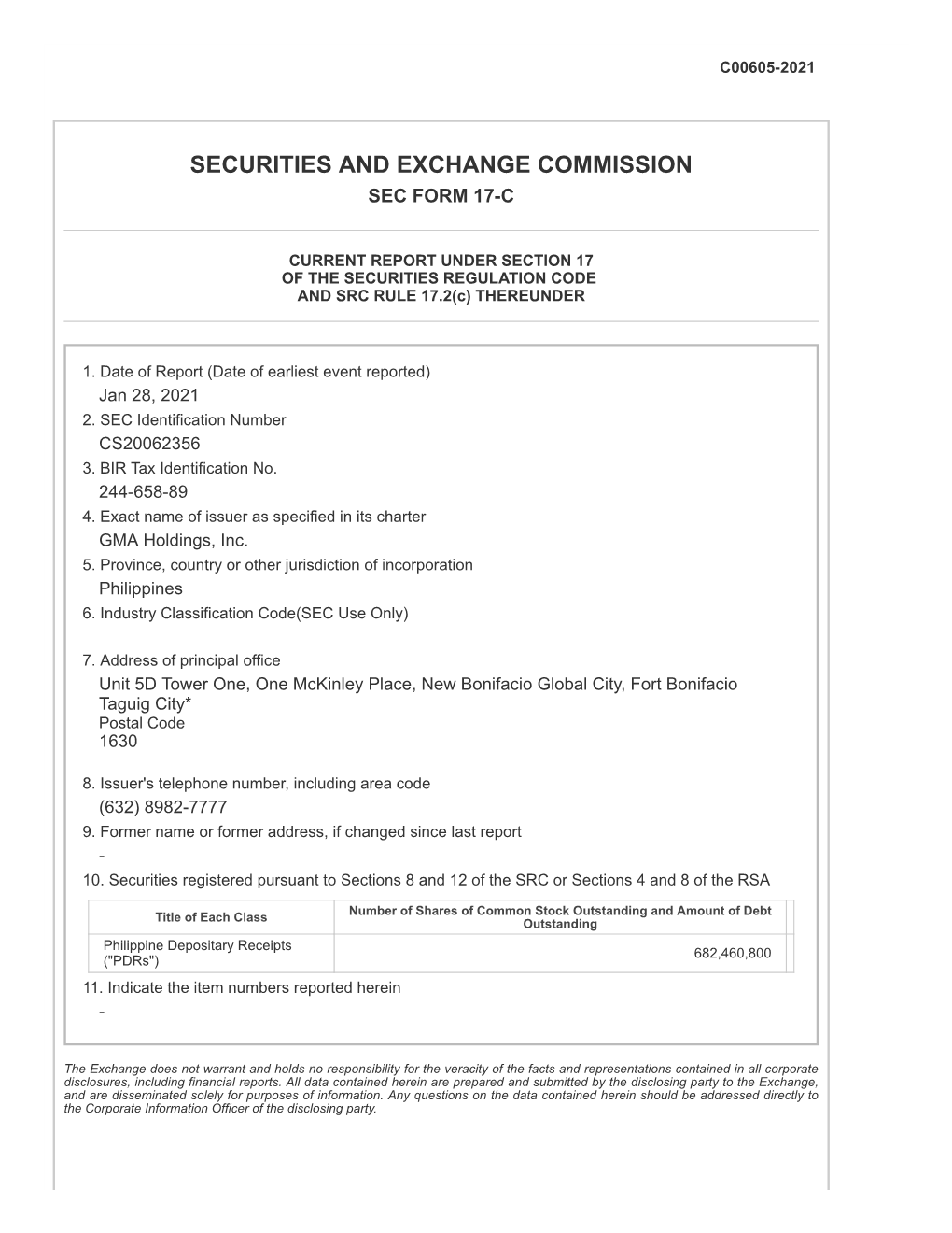 Securities and Exchange Commission Sec Form 17-C