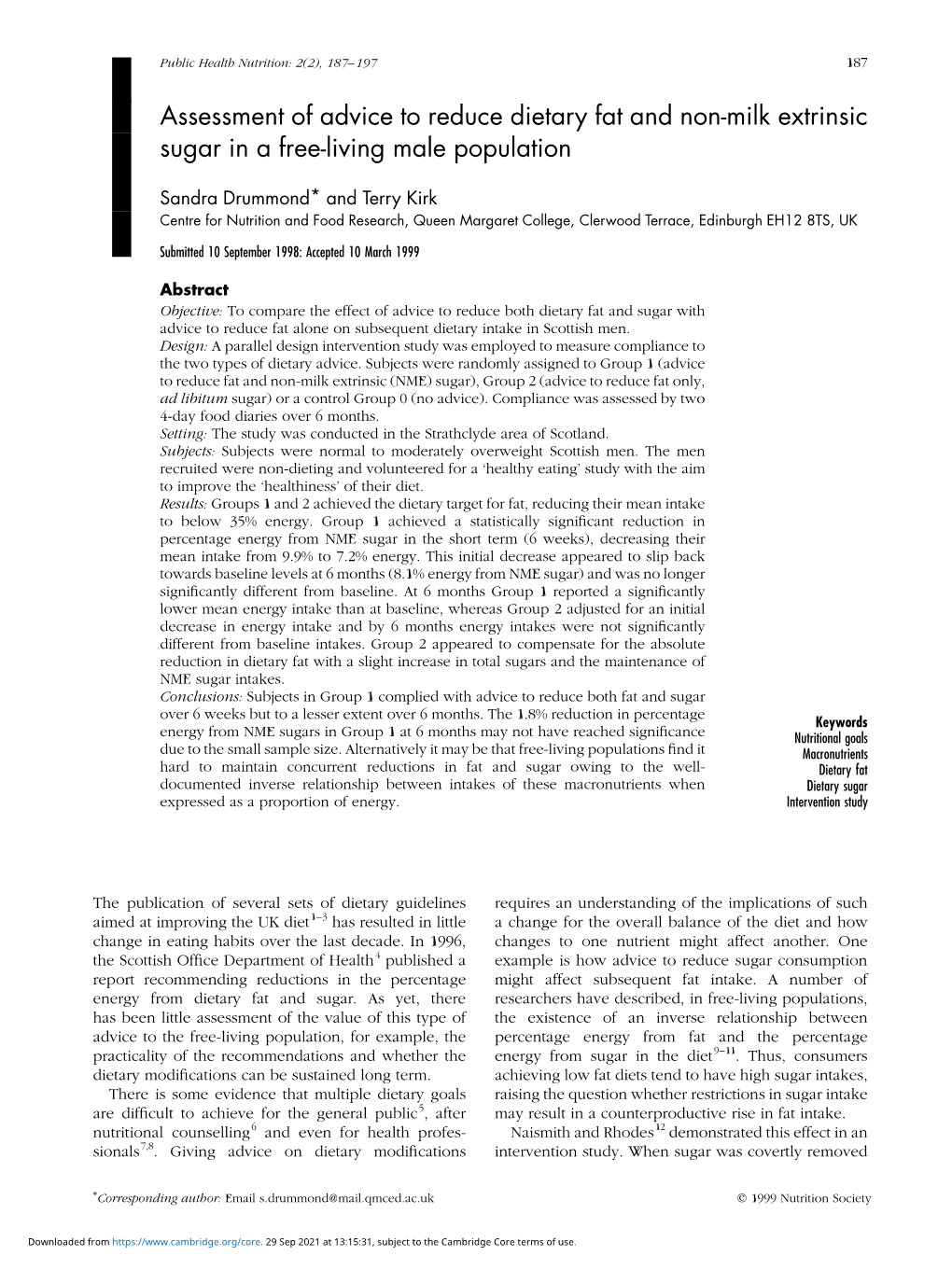 Assessment of Advice to Reduce Dietary Fat and Non-Milk Extrinsic Sugar in a Free-Living Male Population