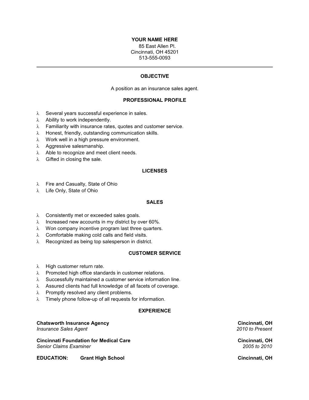 Insurance Sales Agent Resume Template