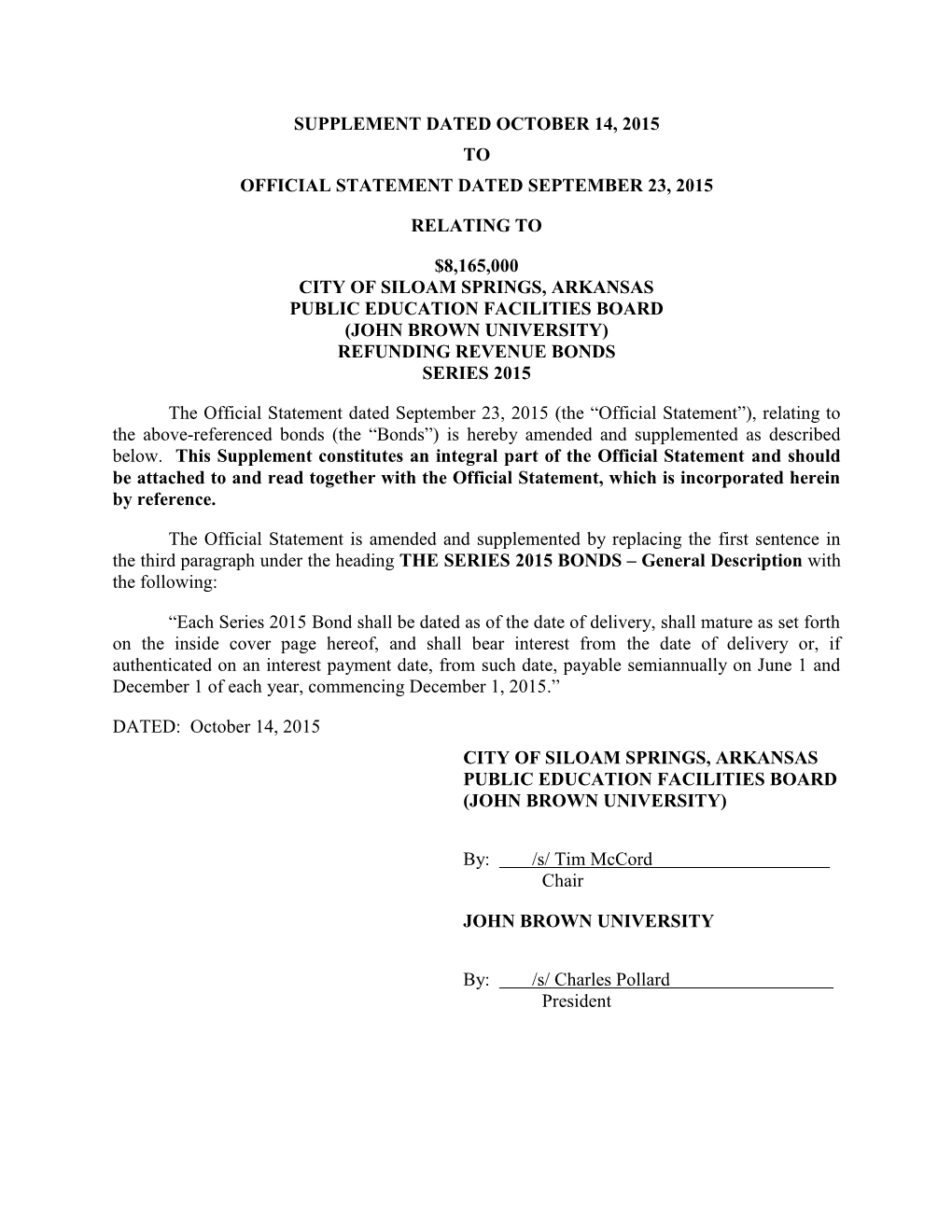 Supplement Dated October 14, 2015 to Official Statement Dated September 23, 2015