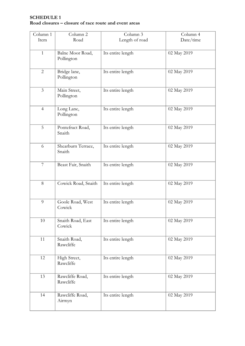 SCHEDULE 1 Road Closures – Closure of Race Route and Event Areas