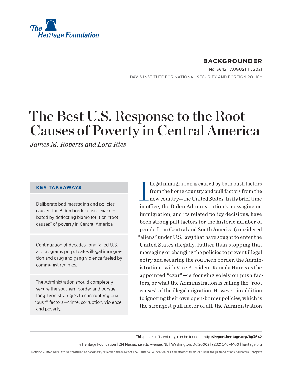 The Best U.S. Response to the Root Causes of Poverty in Central America James M