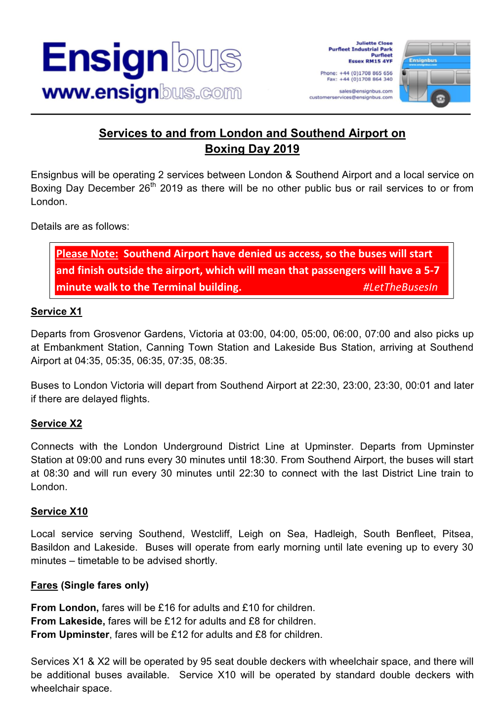 Services to and from London and Southend Airport on Boxing Day 2019 Please Note