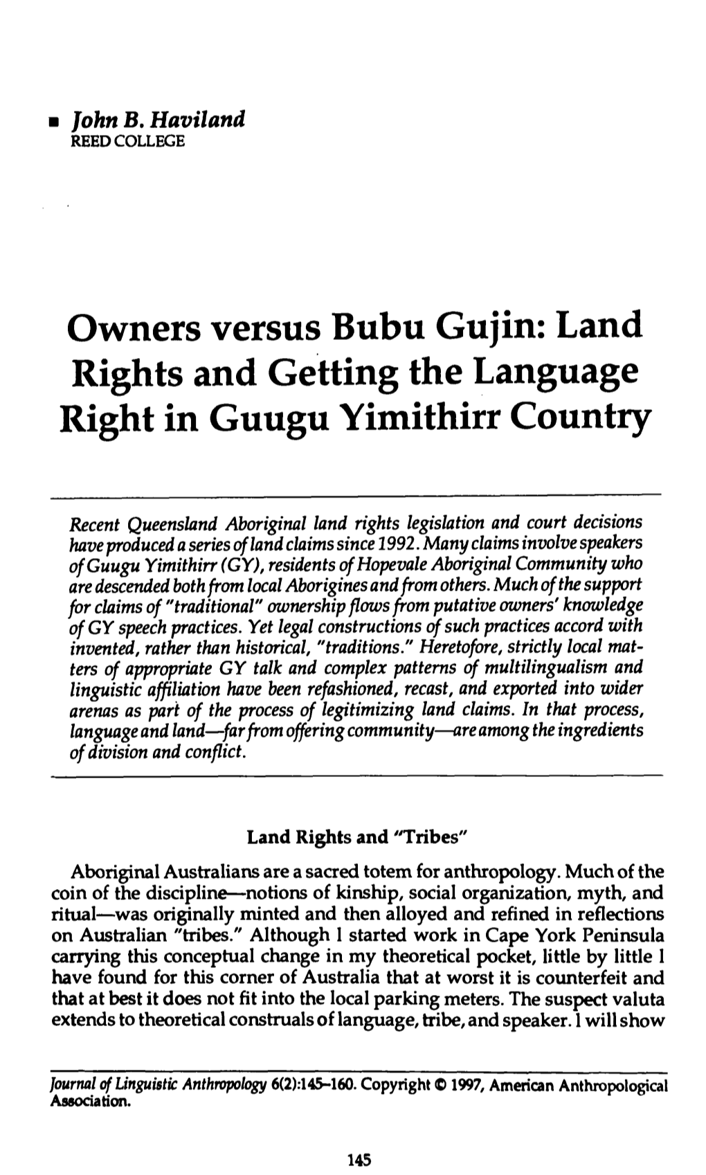 Owners Versus Bubu Gujin: Land Rights and Getting the Language Right in Guugu Yimithirr Country