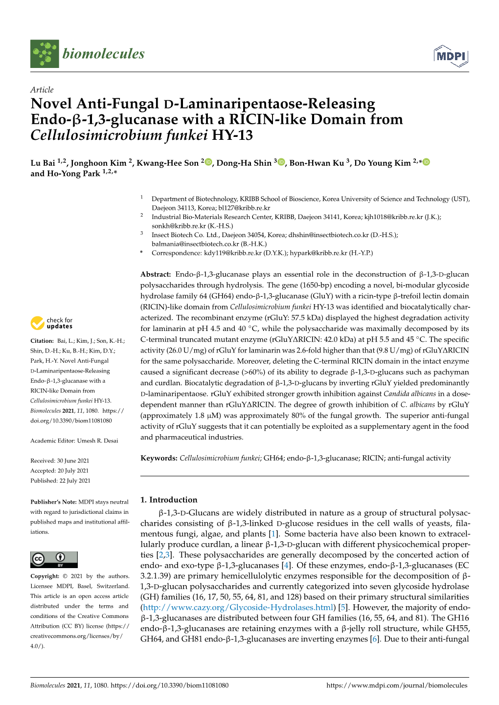 Novel Anti-Fungal D-Laminaripentaose-Releasing Endo-Β-1,3-Glucanase with a RICIN-Like Domain from Cellulosimicrobium Funkei HY-13