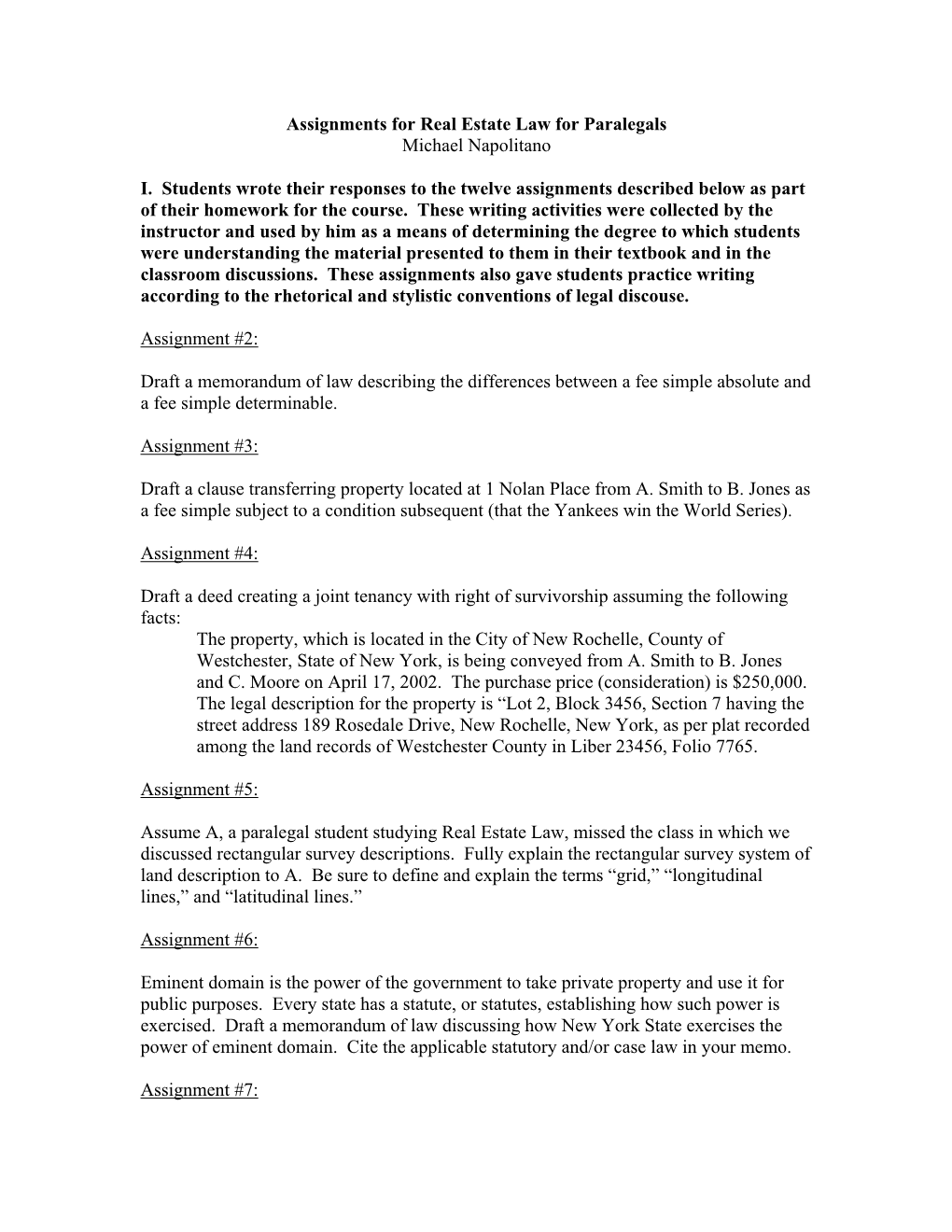 Assignments for Real Estate Law for Paralegals Michael Napolitano I