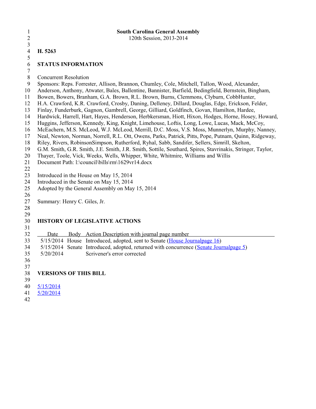 2013-2014 Bill 5263: Henry C. Giles, Jr. - South Carolina Legislature Online