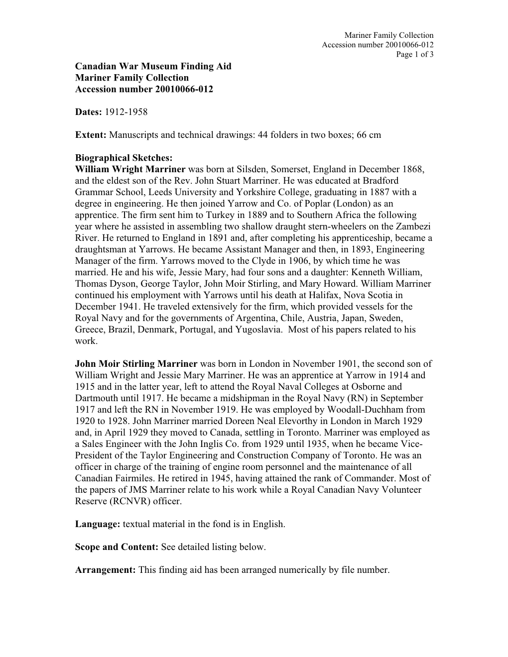 Canadian War Museum Finding Aid Mariner Family Collection Accession Number 20010066-012
