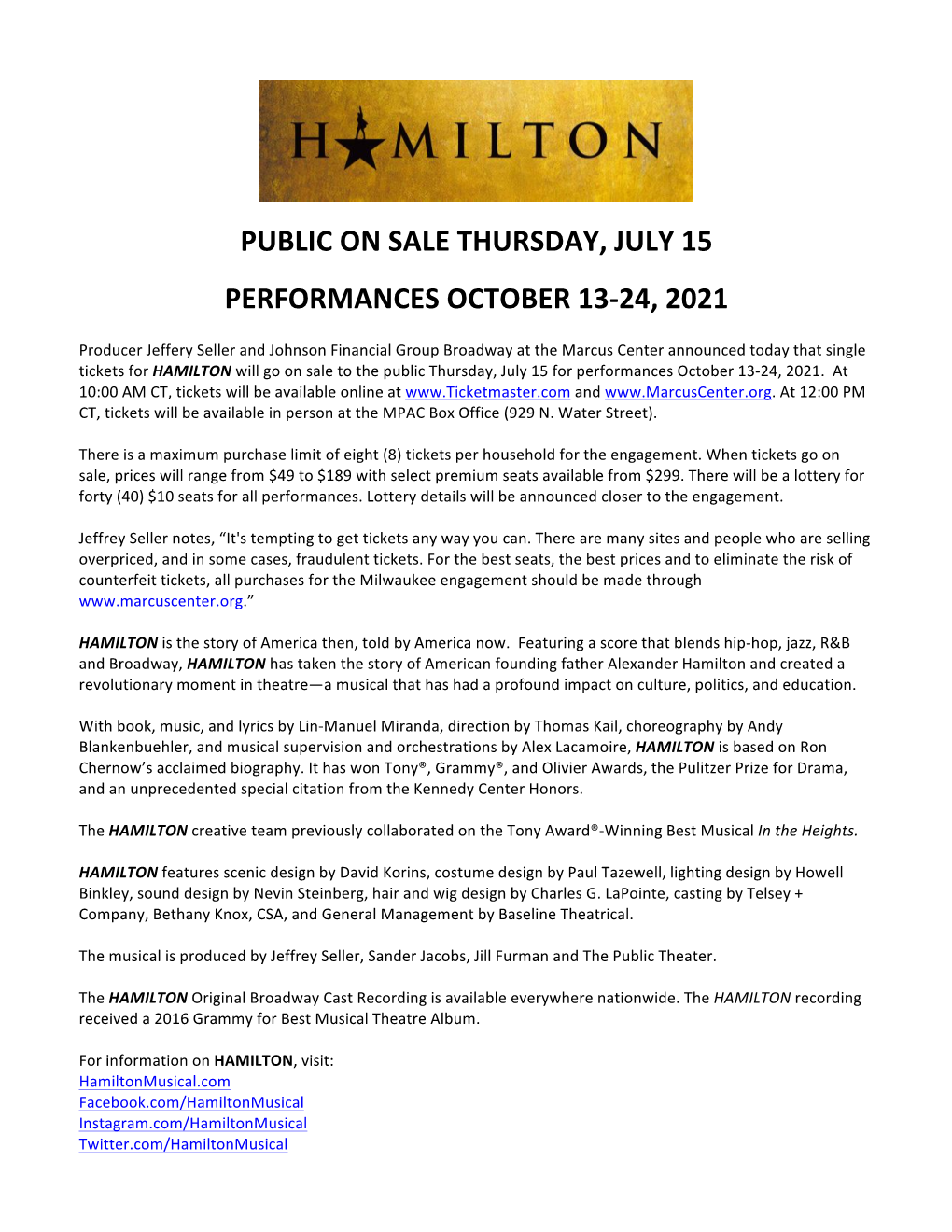 Public on Sale Thursday, July 15 Performances October