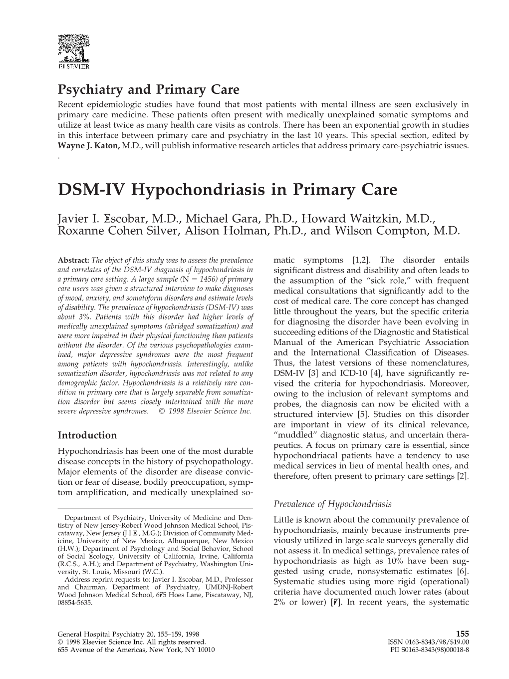 DSM-IV Hypochondriasis in Primary Care