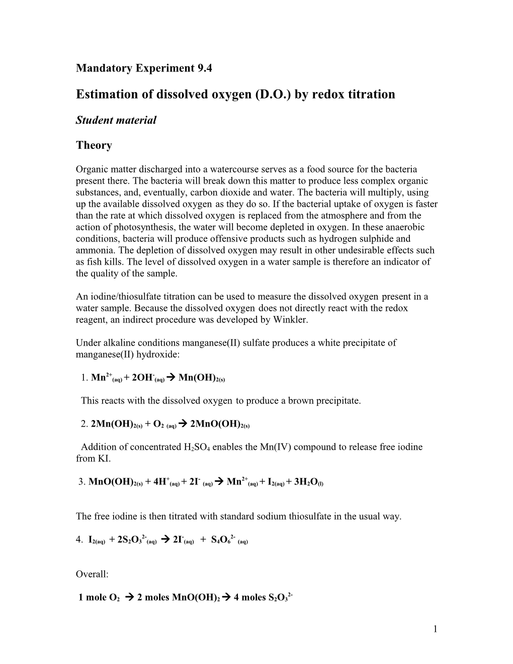 Estimation of Dissolved Oxygen (D.O.) by Redox Titration