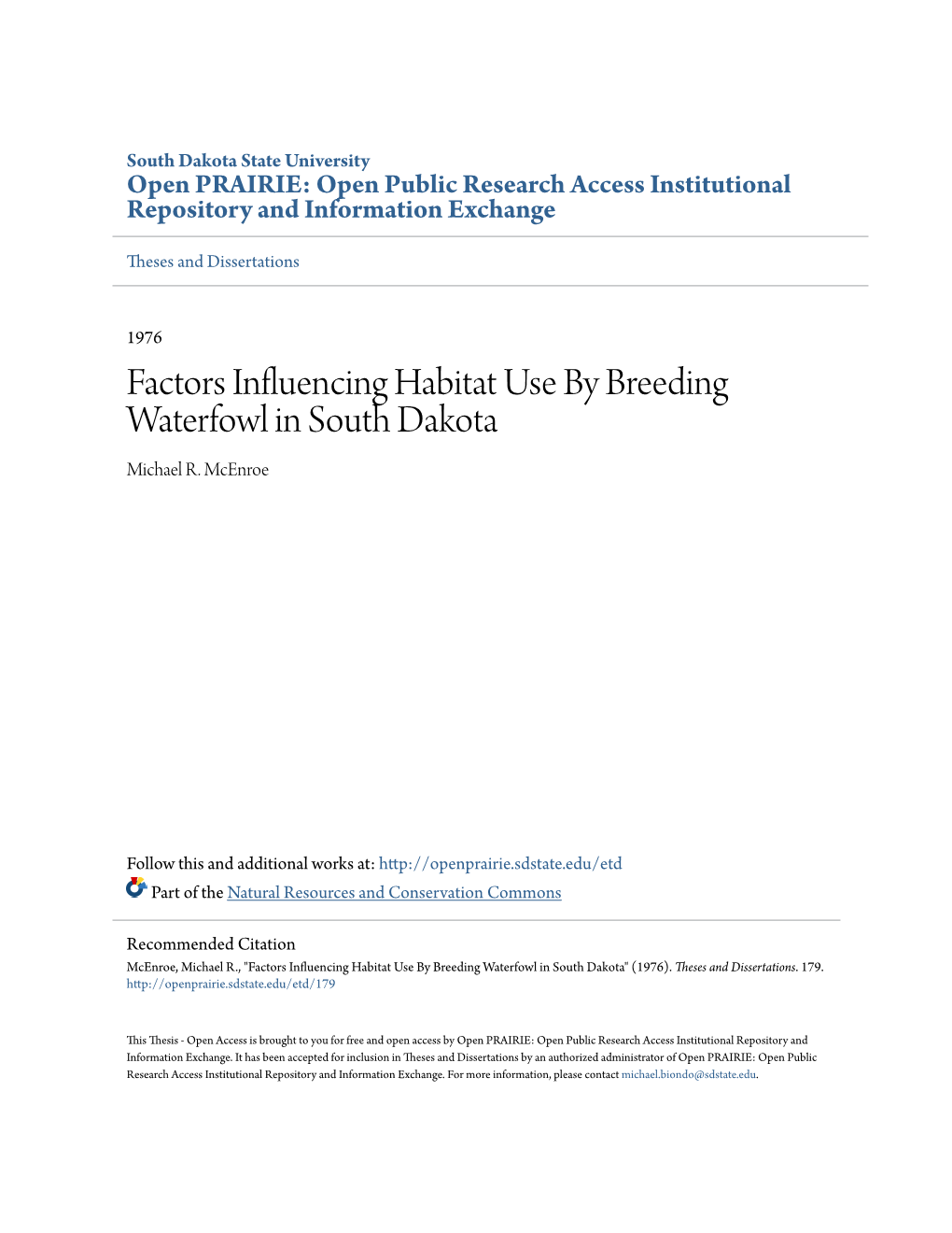 Factors Influencing Habitat Use by Breeding Waterfowl in South Dakota Michael R