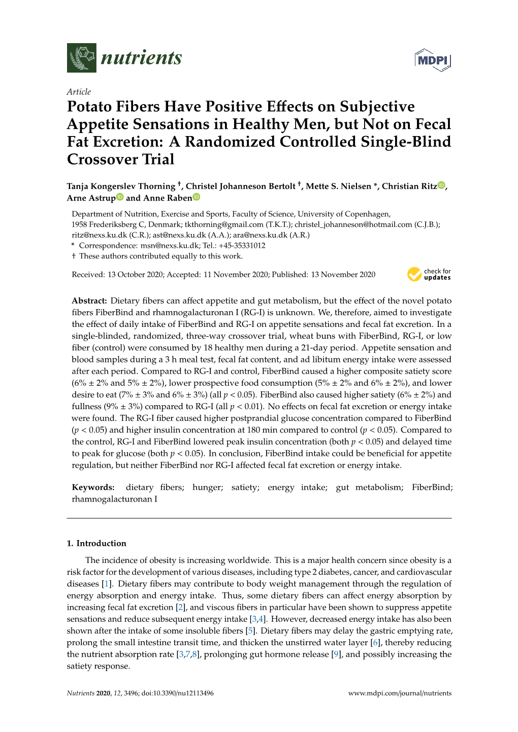 Potato Fibers Have Positive Effects on Subjective Appetite