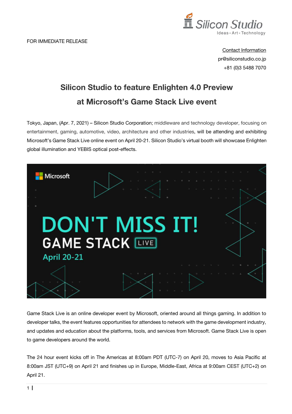 Silicon Studio to Feature Enlighten 4.0 Preview at Microsoft's Game Stack Live Event