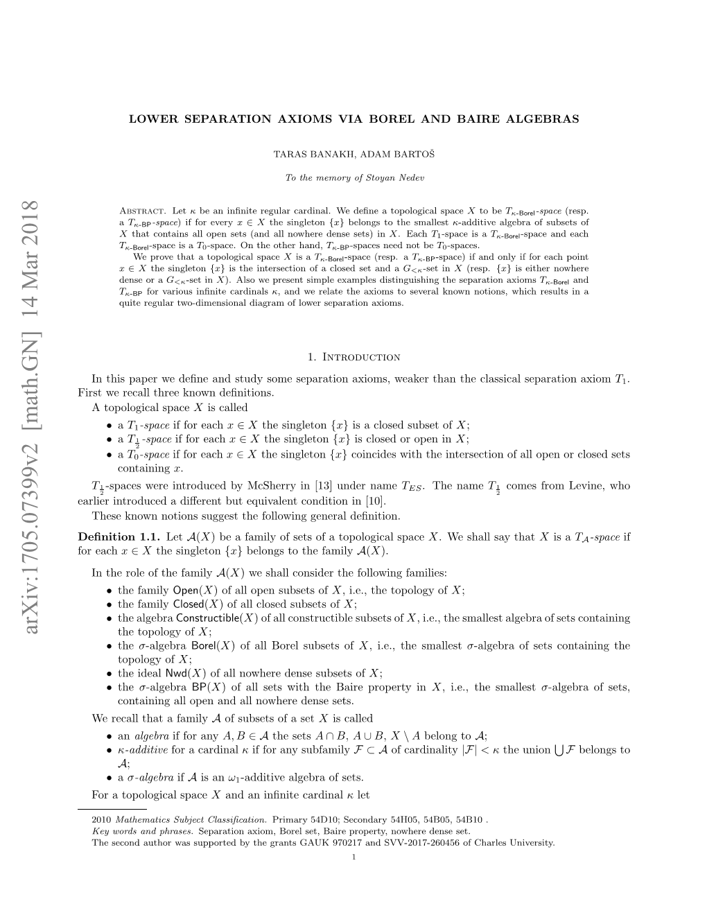 Lower Separation Axioms Via Borel and Baire Algebras 11