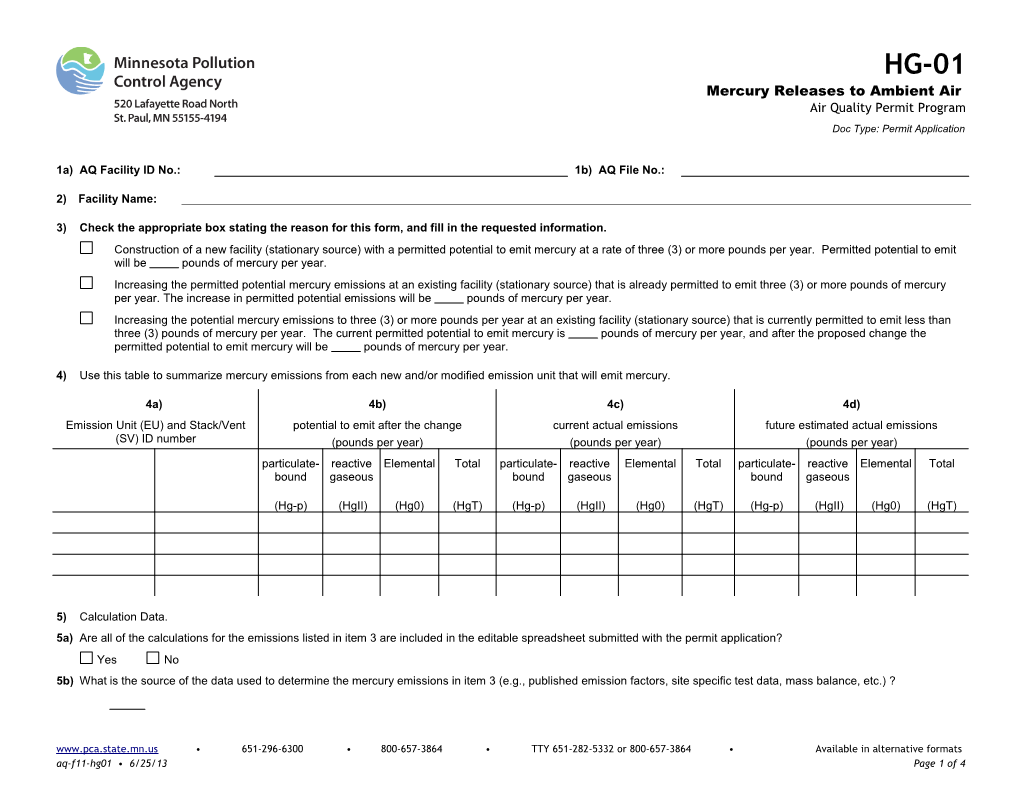 HG-01 Mercury Releases to Ambient Air - Air Quality Permit Program - Form