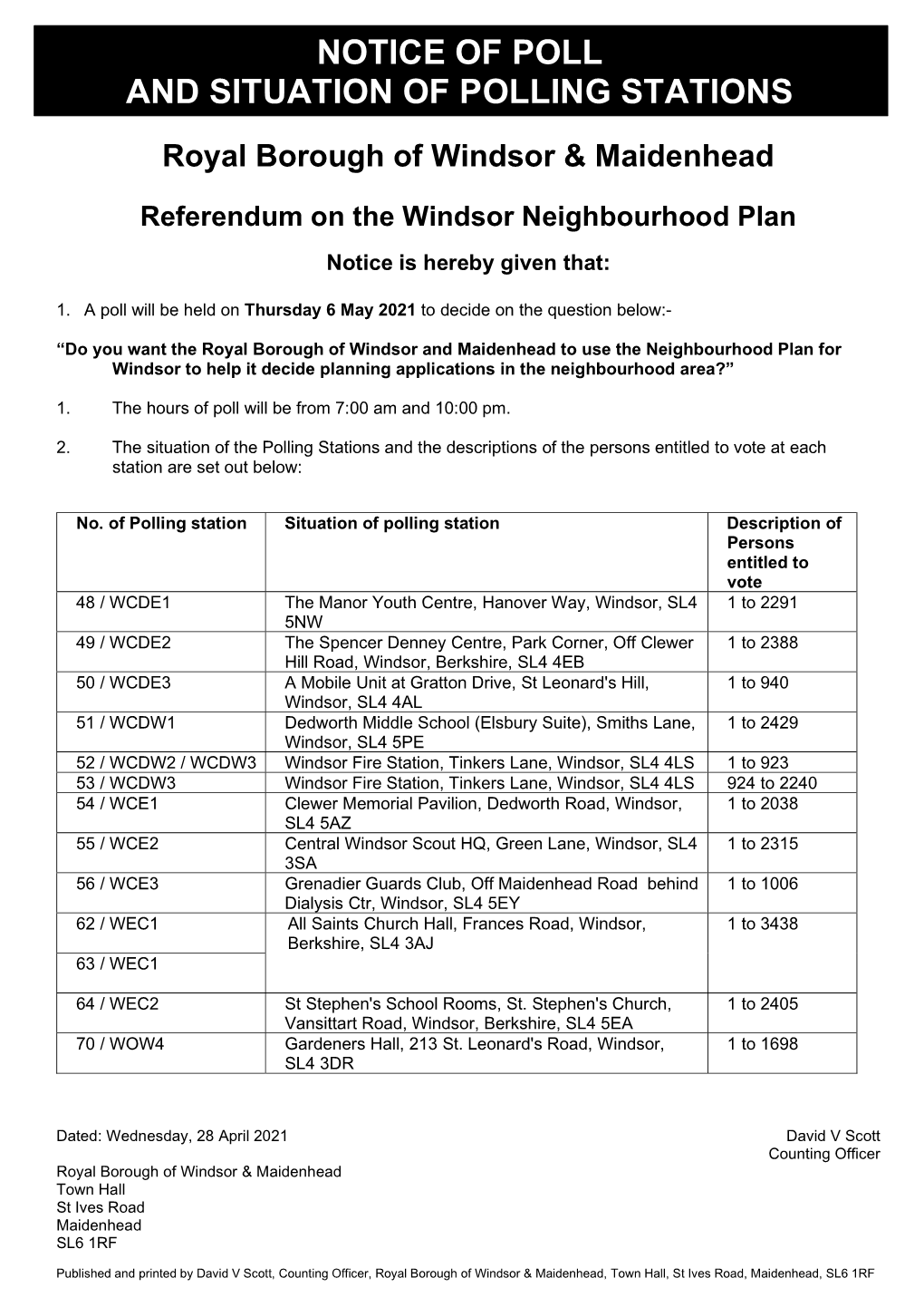 Notice of Poll and Situation of Polling Stations