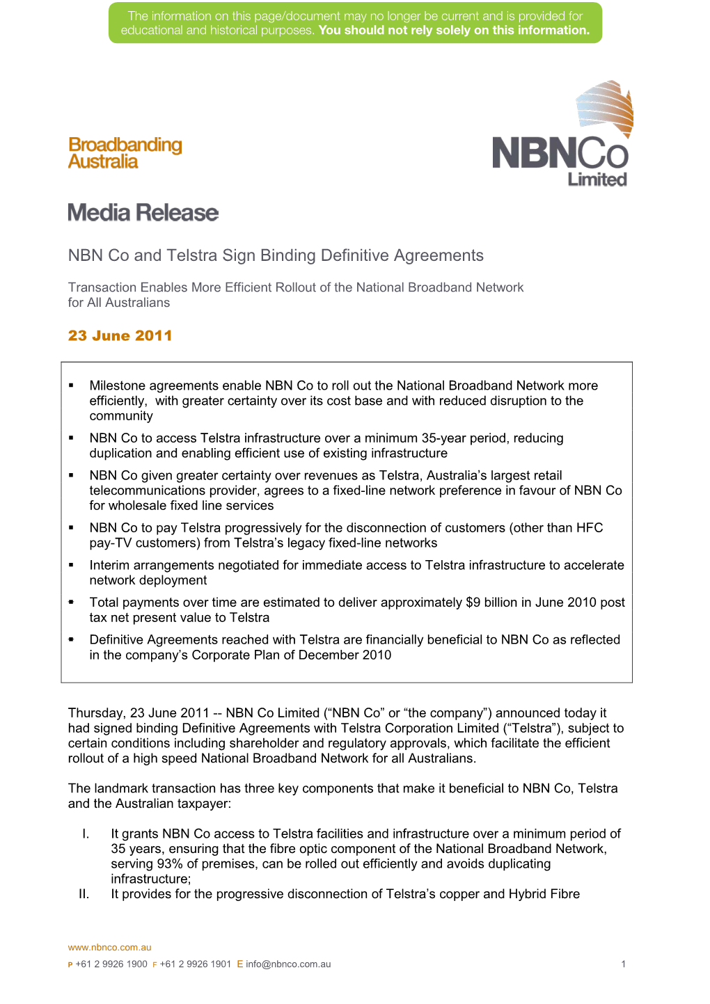 NBN Co and Telstra Sign Binding Definitive Agreements