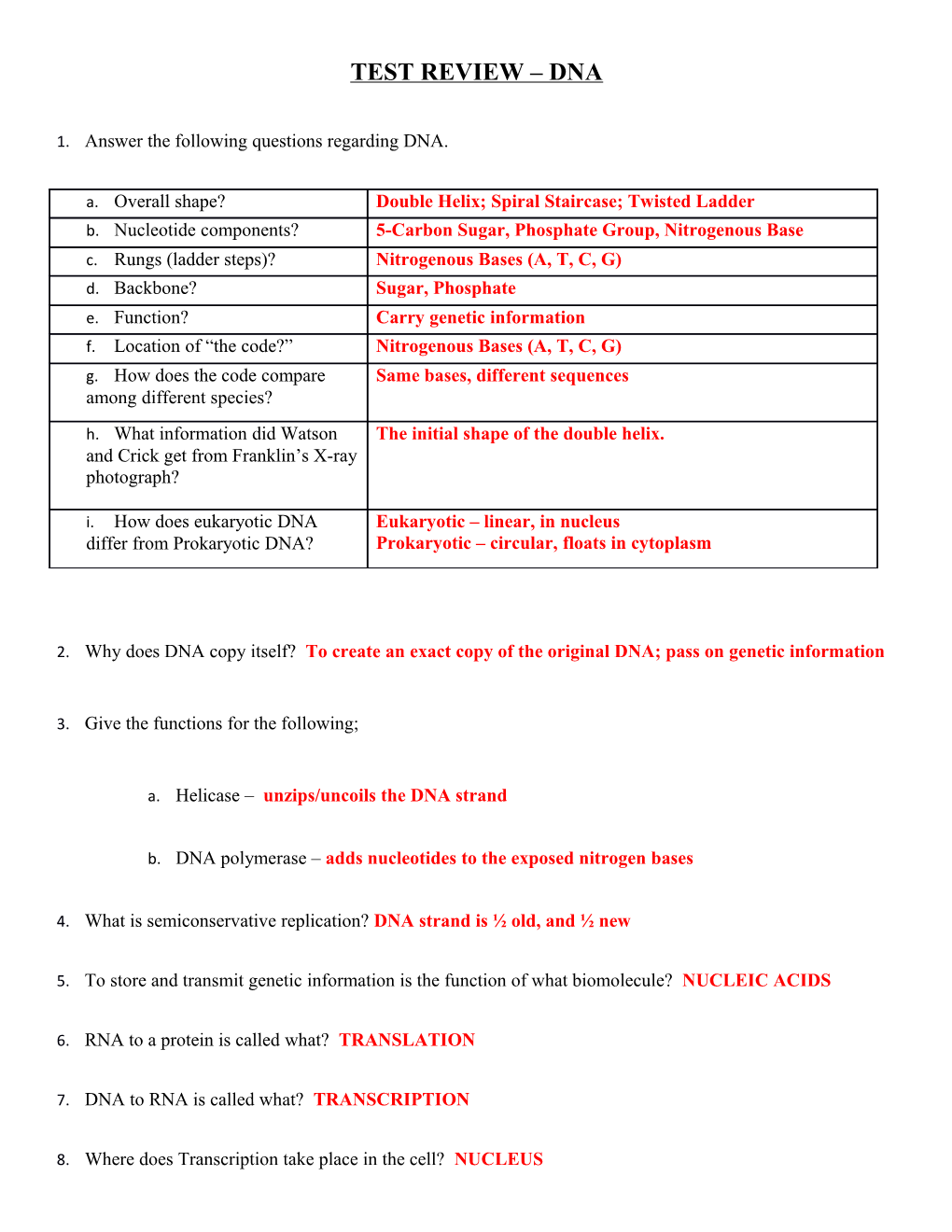 1. Answer the Following Questions Regarding DNA